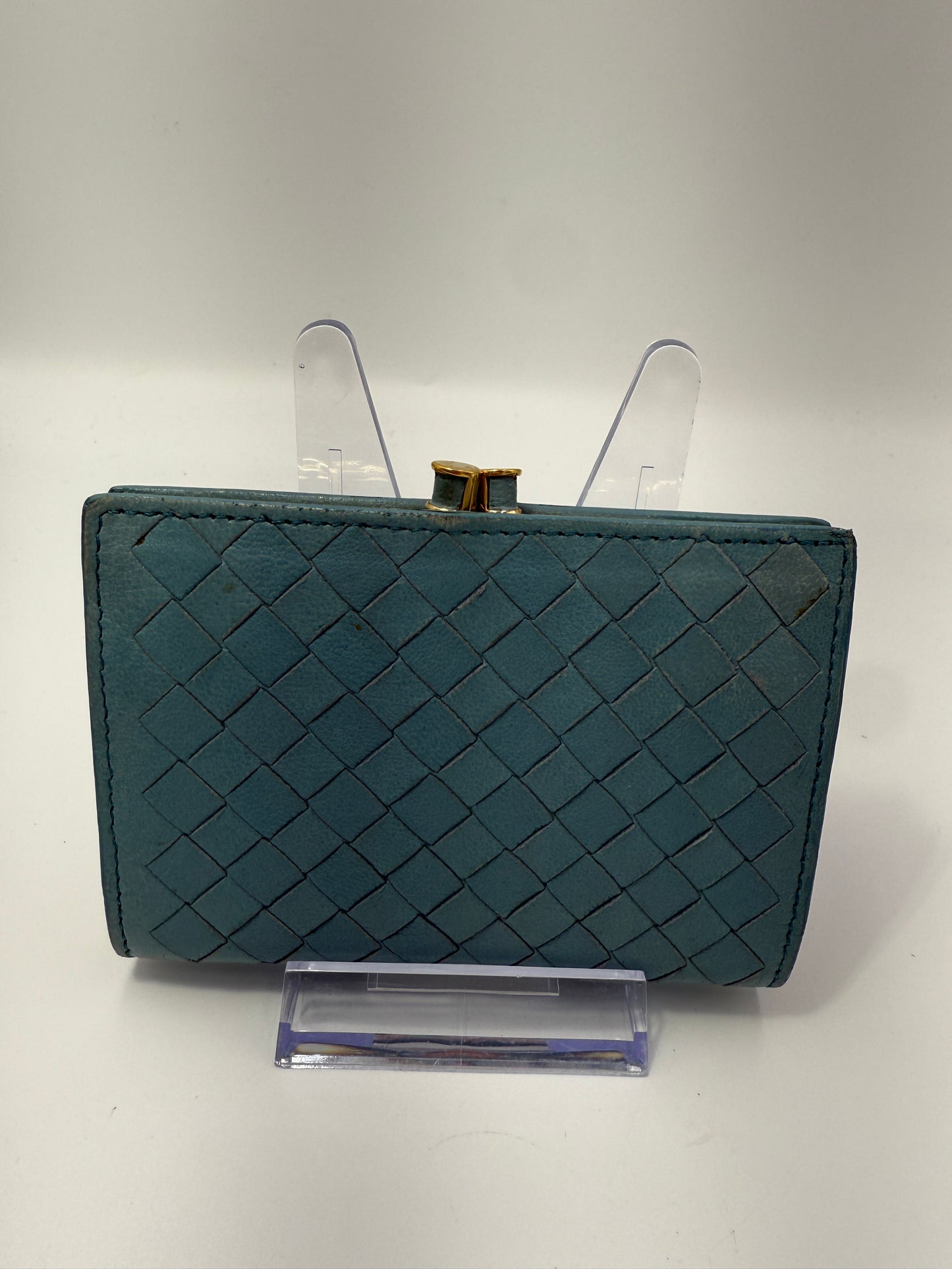 Bottega Veneta Blue Lambskin Intrecciato Compact Kisslock Wallet