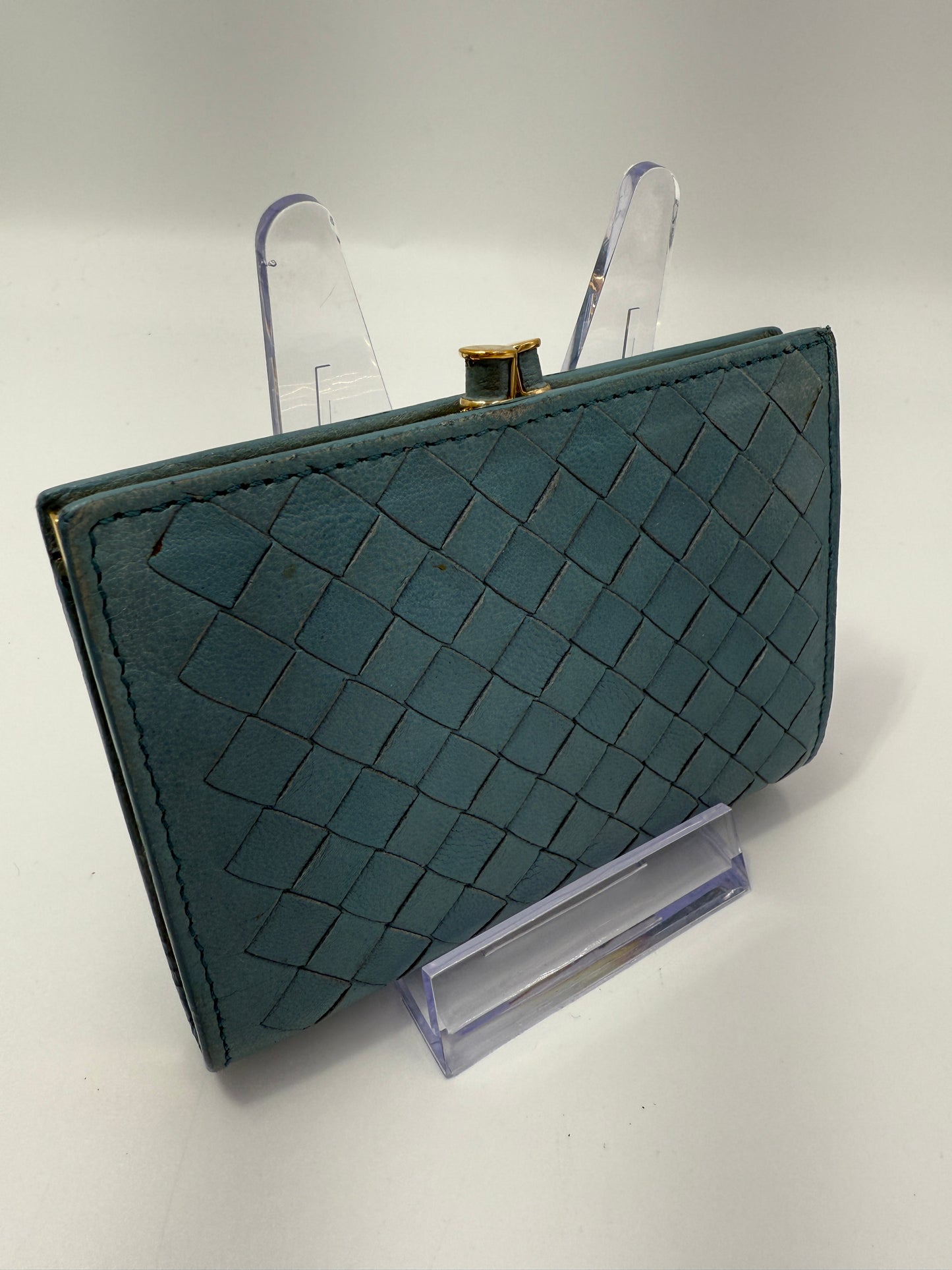 Bottega Veneta Blue Lambskin Intrecciato Compact Kisslock Wallet