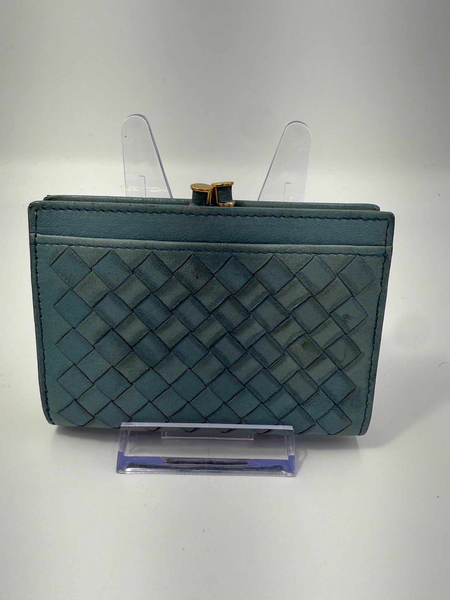 Bottega Veneta Blue Lambskin Intrecciato Compact Kisslock Wallet