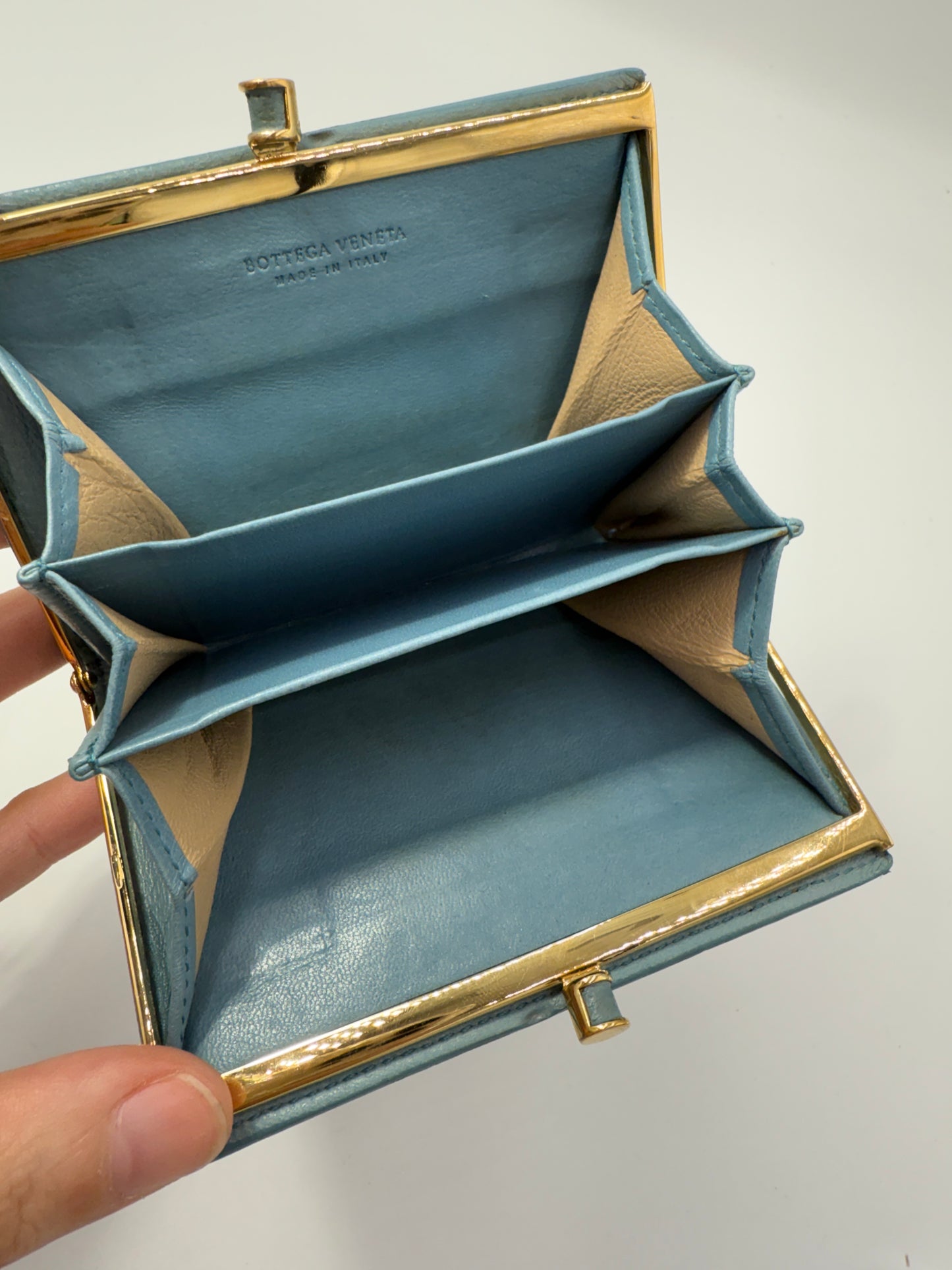 Bottega Veneta Blue Lambskin Intrecciato Compact Kisslock Wallet