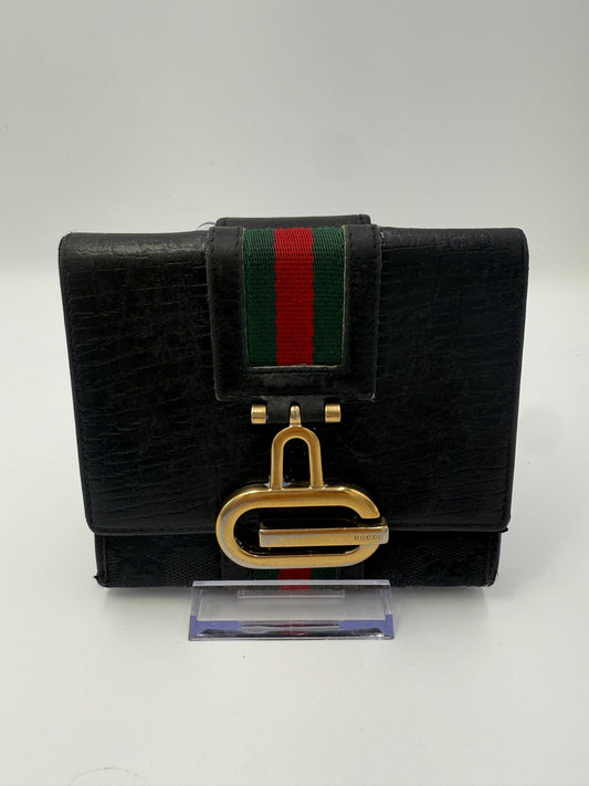 Gucci G Black Leather Canvas Sherry Line Compact Wallet