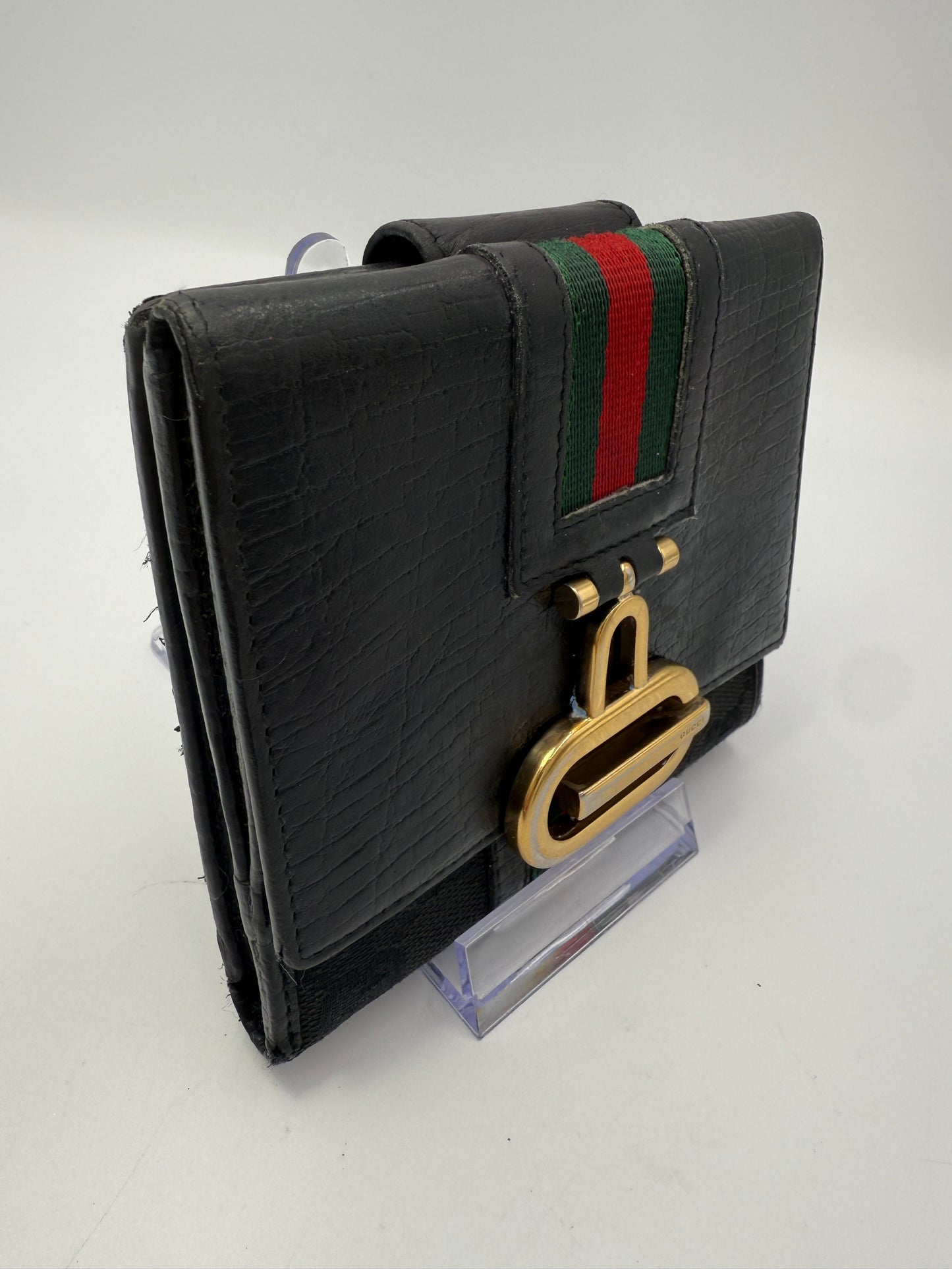 Gucci G Black Leather Canvas Sherry Line Compact Wallet