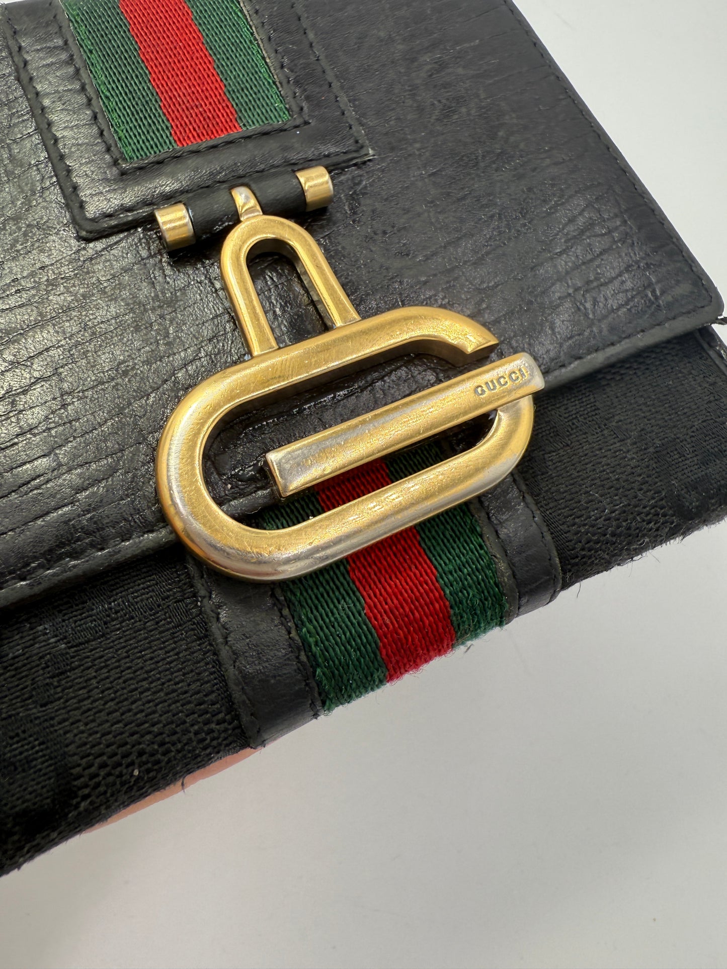 Gucci G Black Leather Canvas Sherry Line Compact Wallet