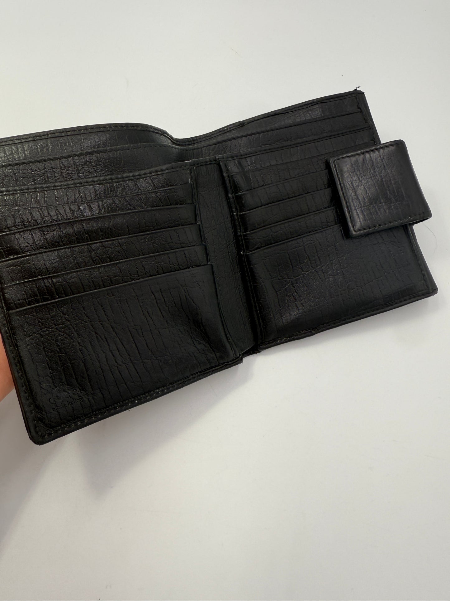 Gucci G Black Leather Canvas Sherry Line Compact Wallet