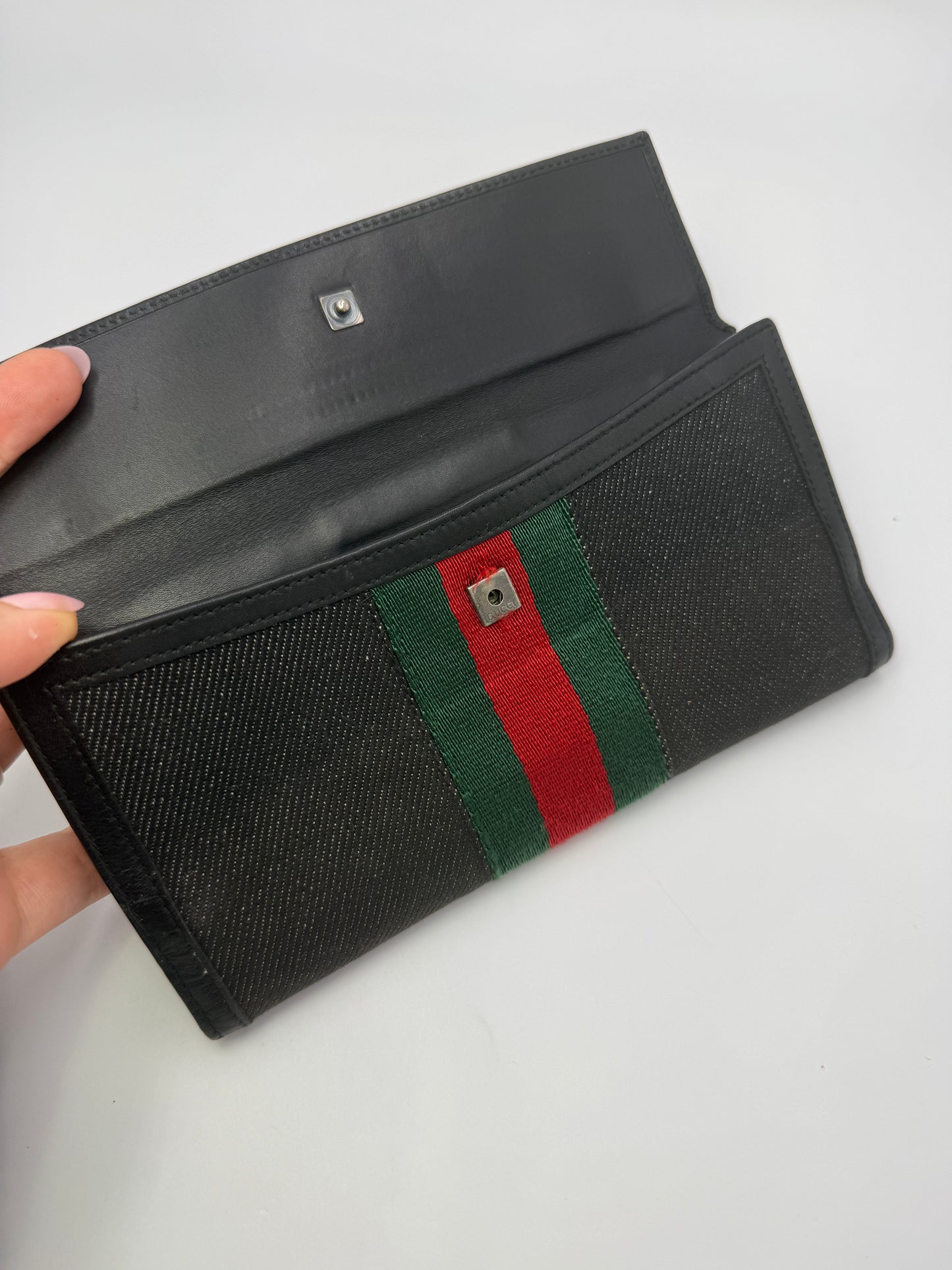 Gucci Vintage Black Denim Sherry Web Continental Wallet Unisex