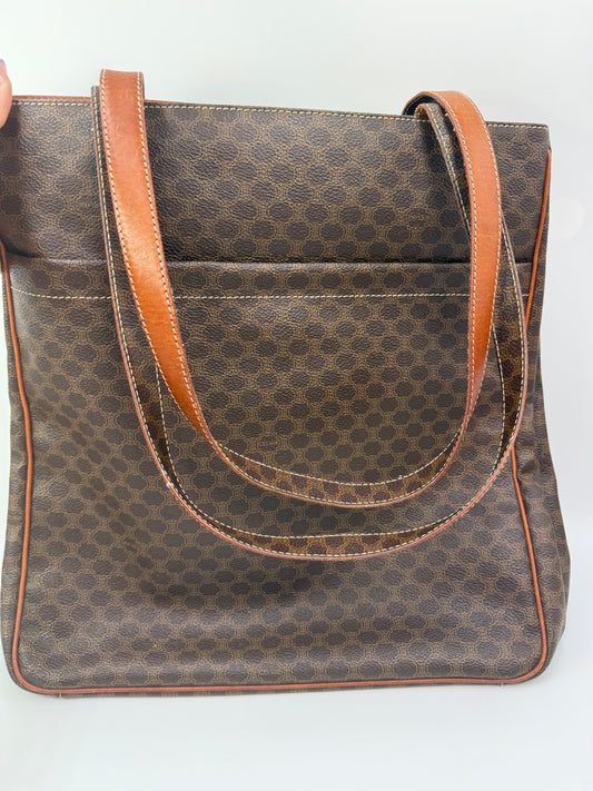 Celine Vintage Macadam Coated Canvas and Leather Tote
