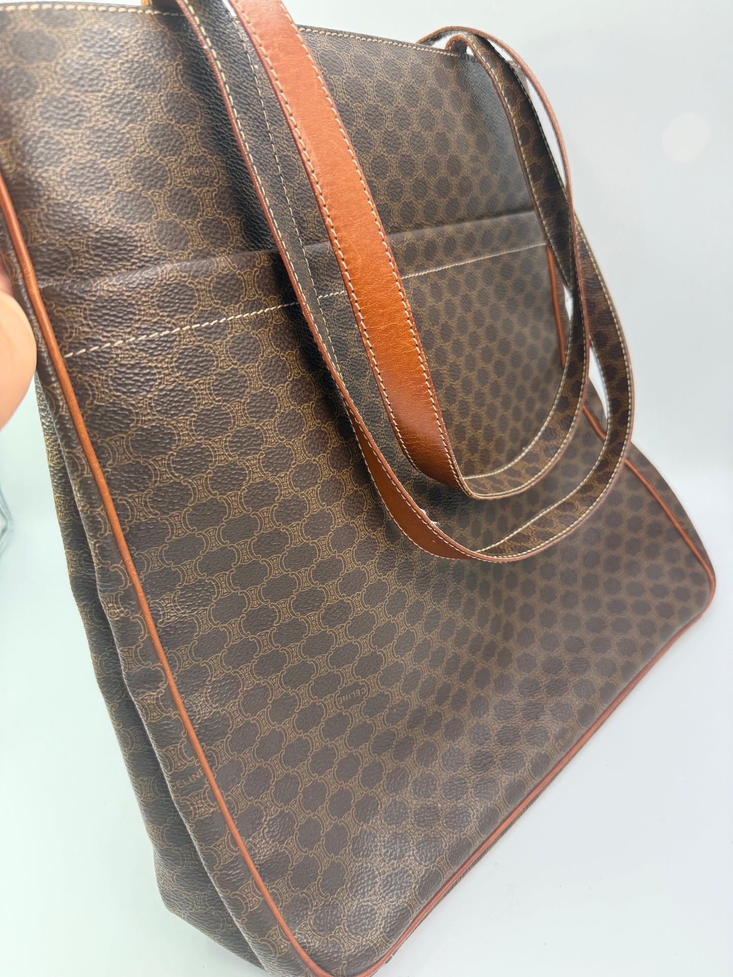 Celine Vintage Macadam Coated Canvas and Leather Tote