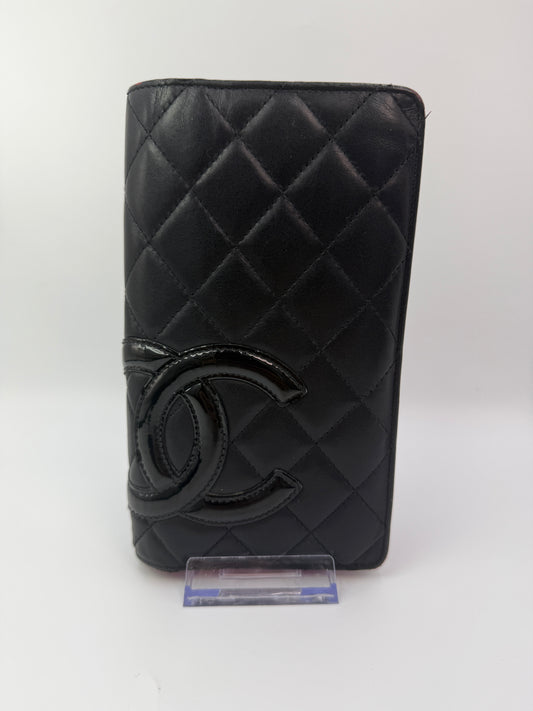 Chanel Lambskin Quilted Long Black Wallet With Hot Pink Interior