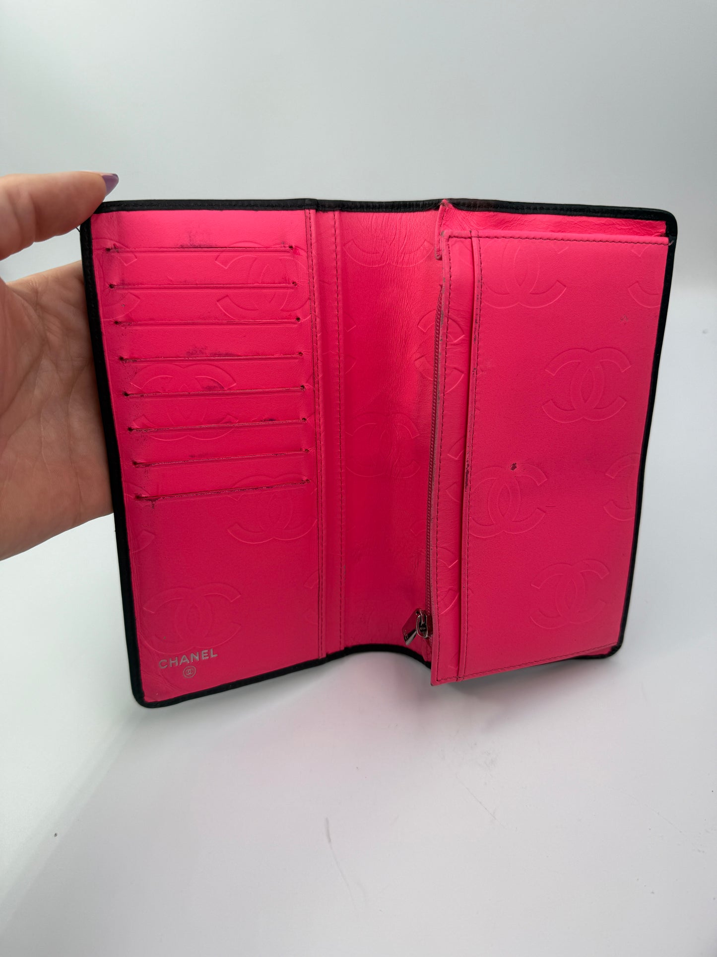 Chanel Lambskin Quilted Long Black Wallet With Hot Pink Interior