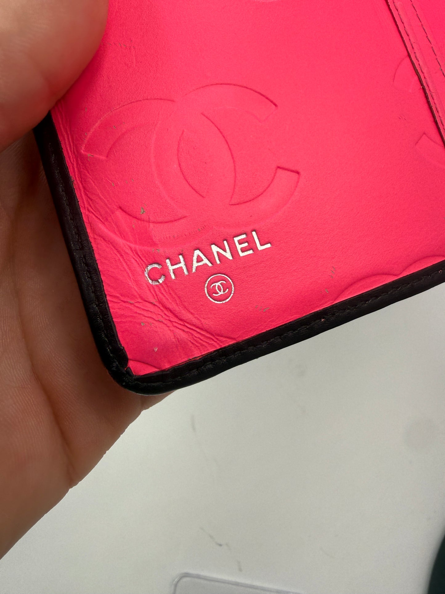 Chanel Lambskin Quilted Long Black Wallet With Hot Pink Interior