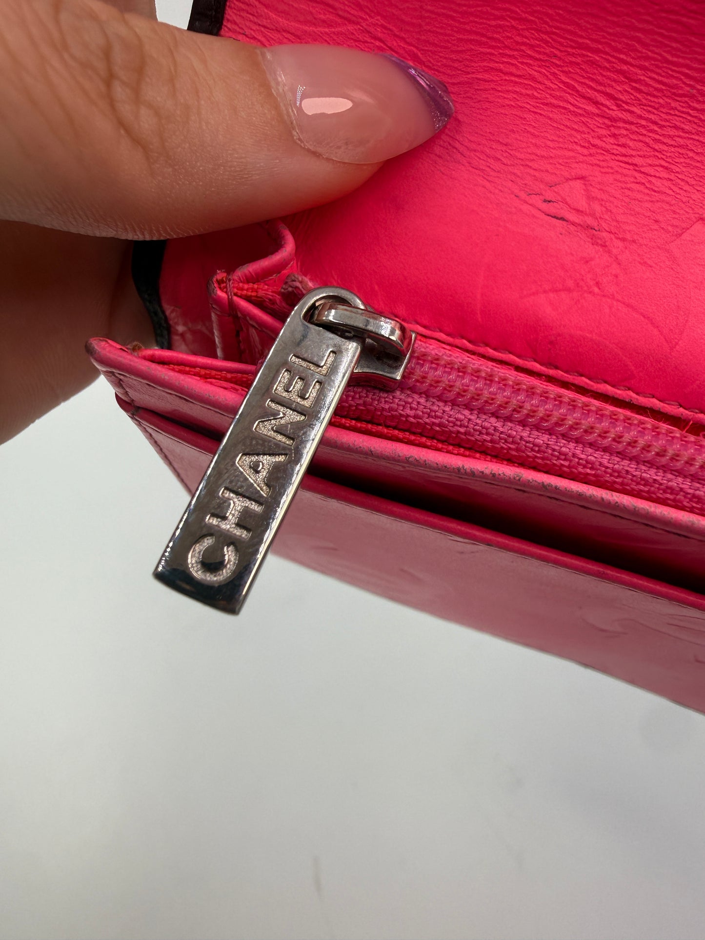 Chanel Lambskin Quilted Long Black Wallet With Hot Pink Interior