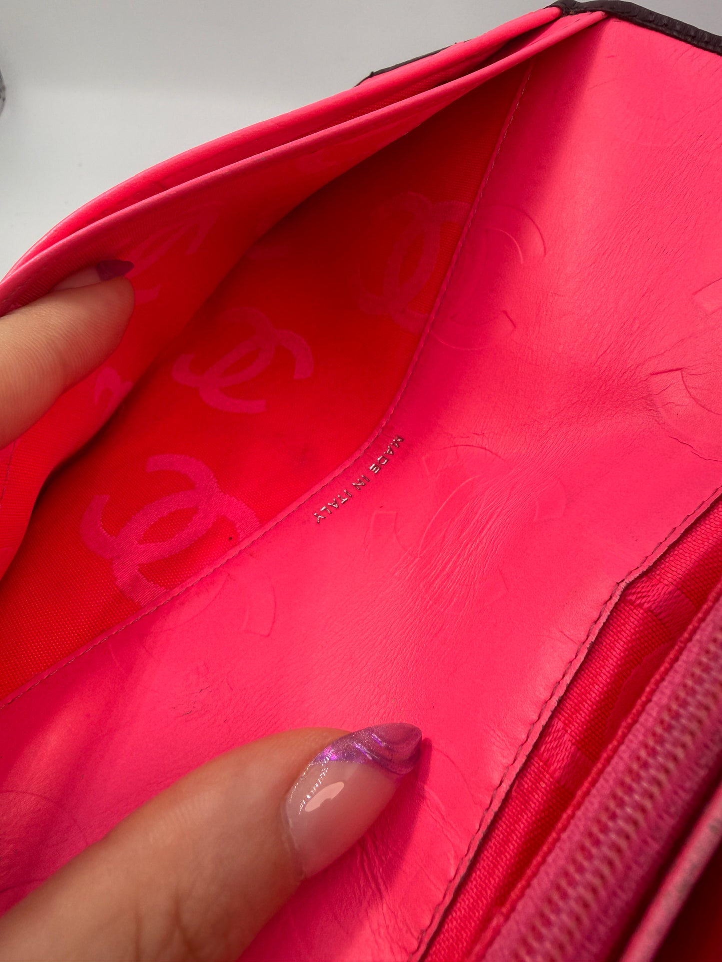 Chanel Lambskin Quilted Long Black Wallet With Hot Pink Interior