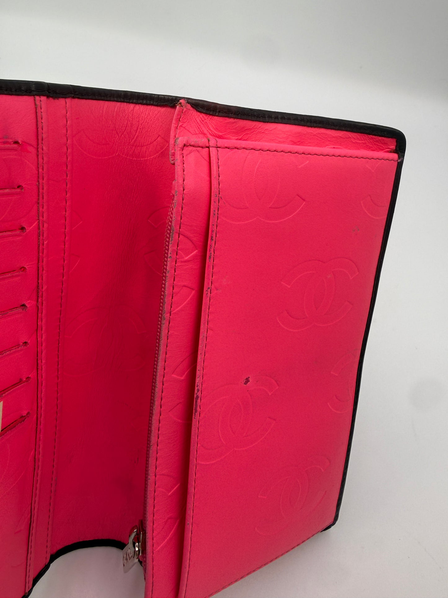 Chanel Lambskin Quilted Long Black Wallet With Hot Pink Interior
