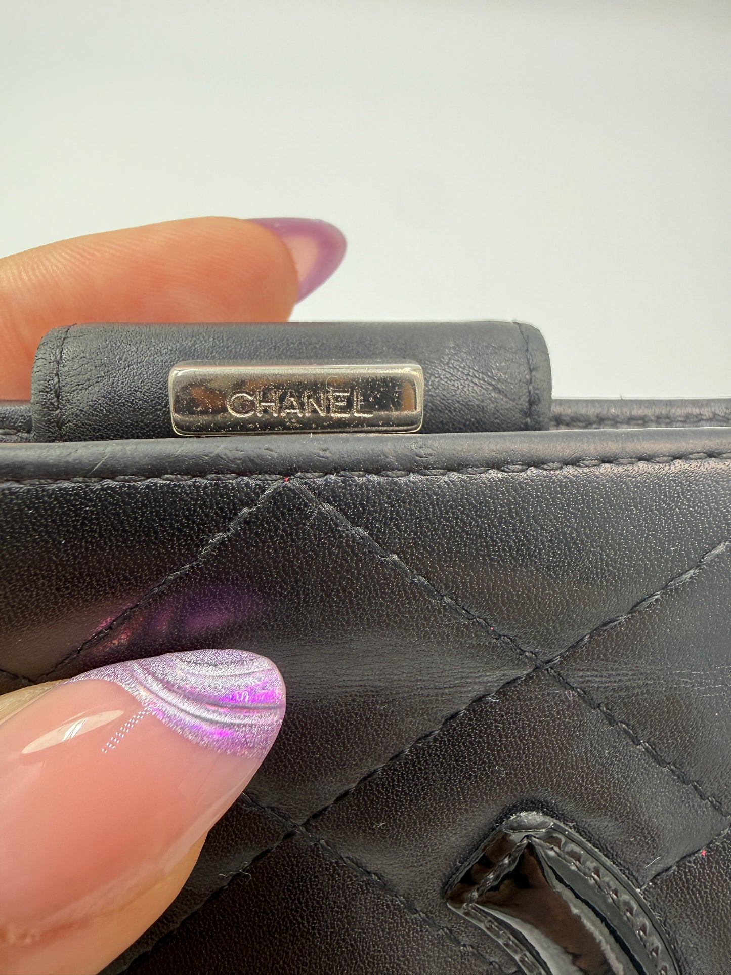 Chanel Compact Quilted Lamb Skin Leather Wallet with Patent CC Logo