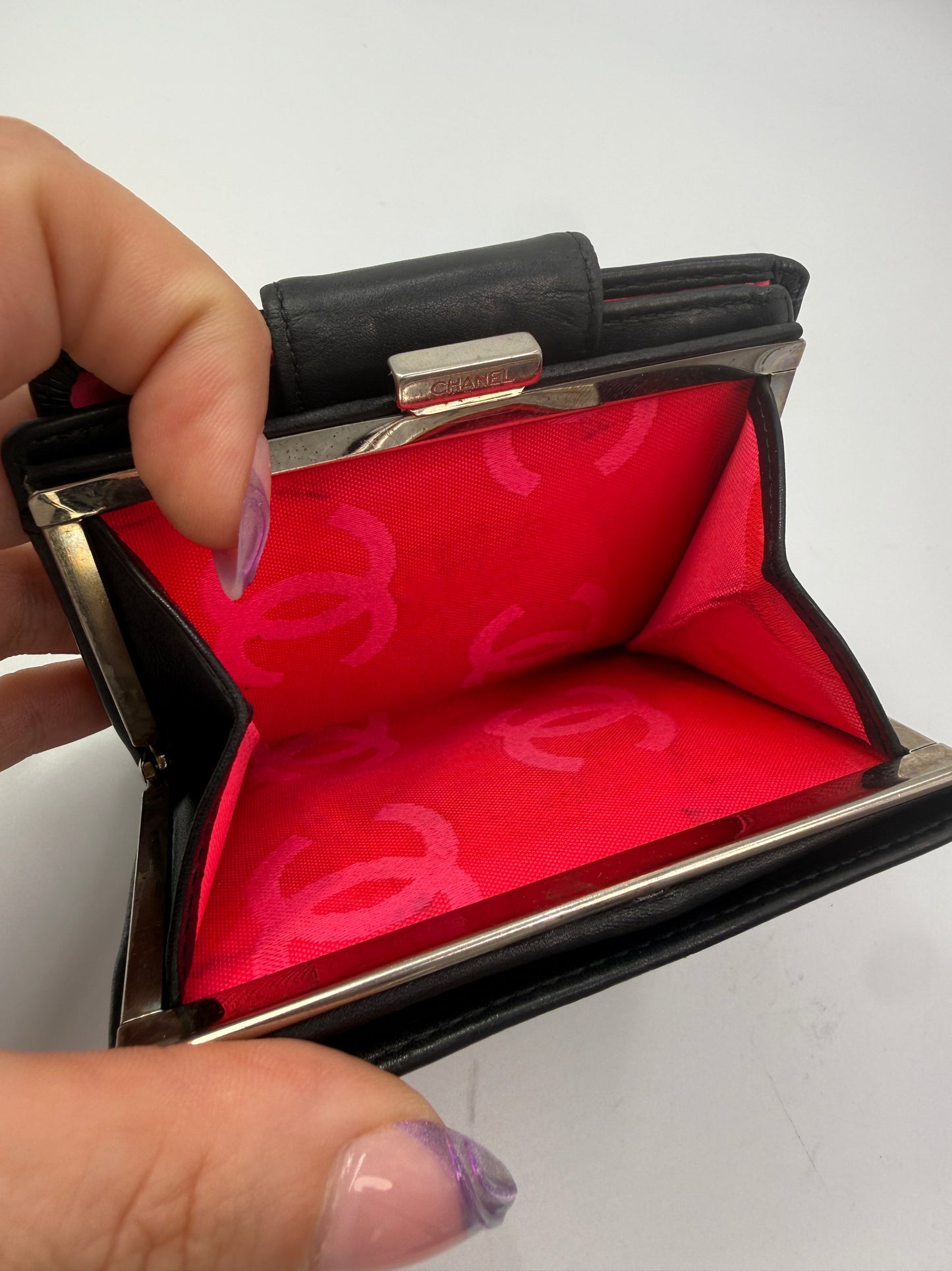 Chanel Compact Quilted Lamb Skin Leather Wallet with Patent CC Logo