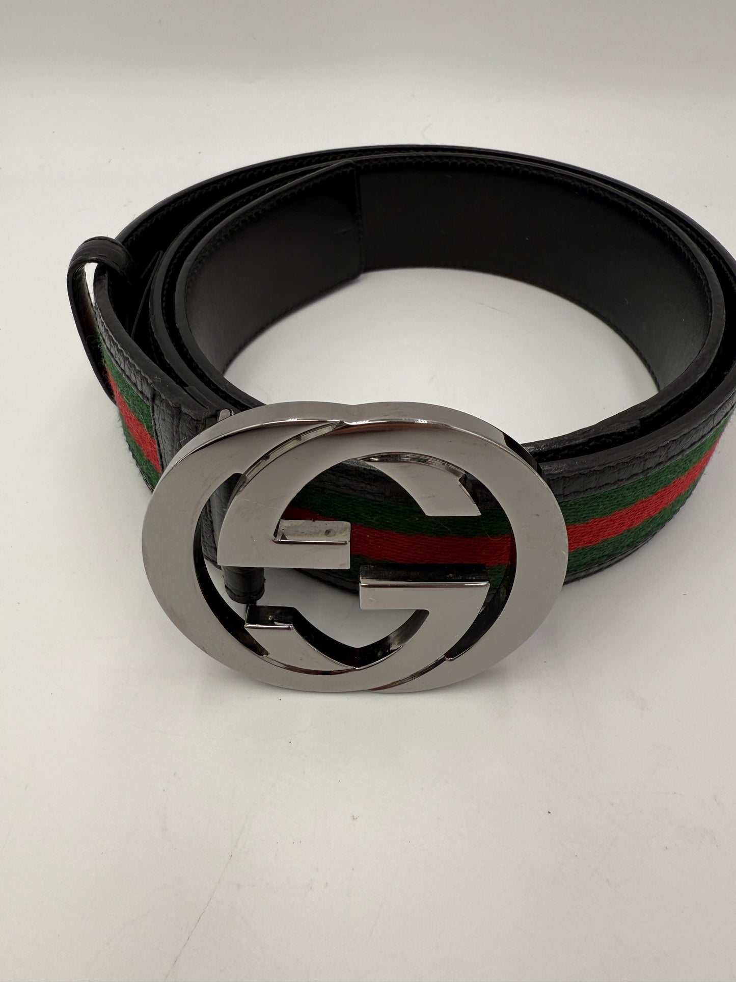 Gucci Silver Soho GG Buckle Sherry Line Black Leather Belt 114984486539