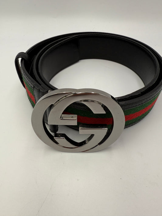 Gucci Silver Soho GG Buckle Sherry Line Black Leather Belt 114984486539