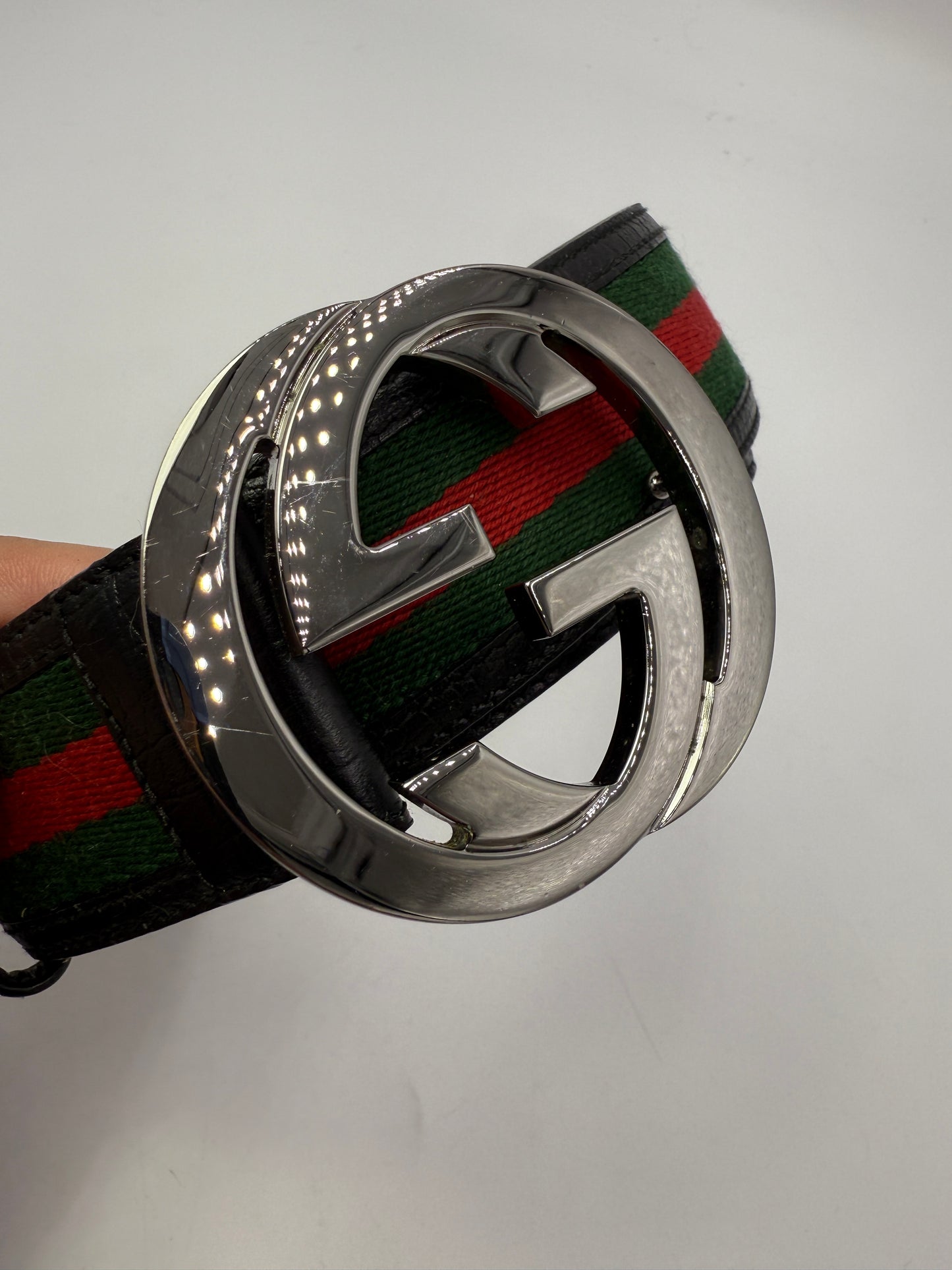 Gucci Silver Soho GG Buckle Sherry Line Black Leather Belt 114984486539
