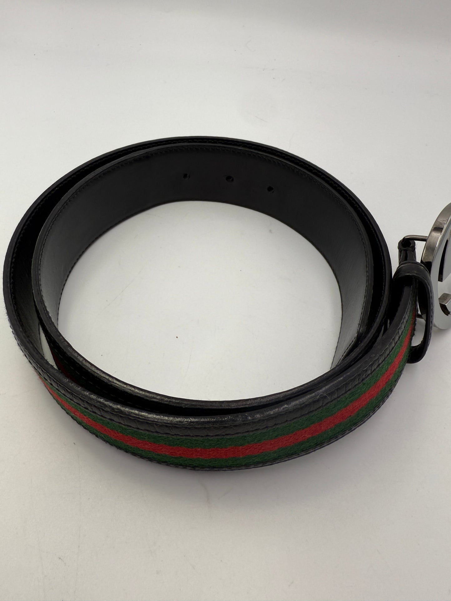 Gucci Silver Soho GG Buckle Sherry Line Black Leather Belt 114984486539