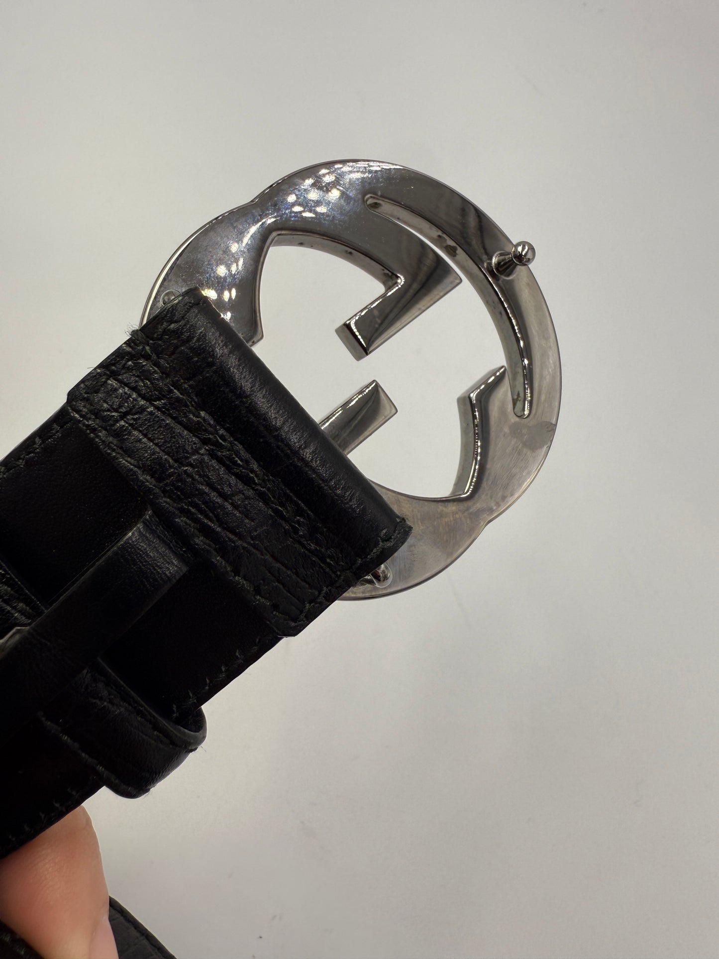 Gucci Silver Soho GG Buckle Sherry Line Black Leather Belt 114984486539