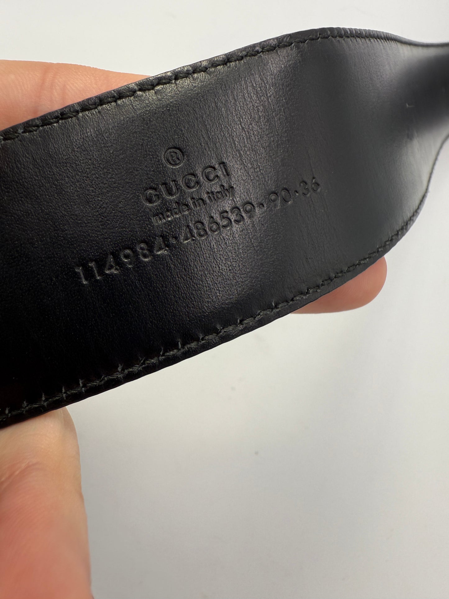 Gucci Silver Soho GG Buckle Sherry Line Black Leather Belt 114984486539