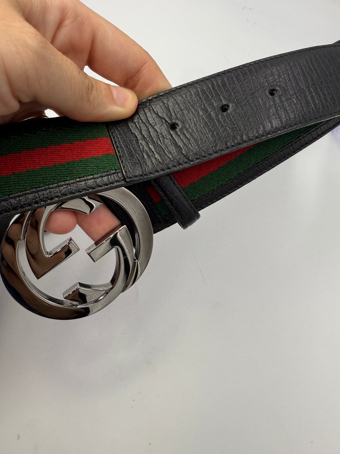 Gucci Silver Soho GG Buckle Sherry Line Black Leather Belt 114984486539