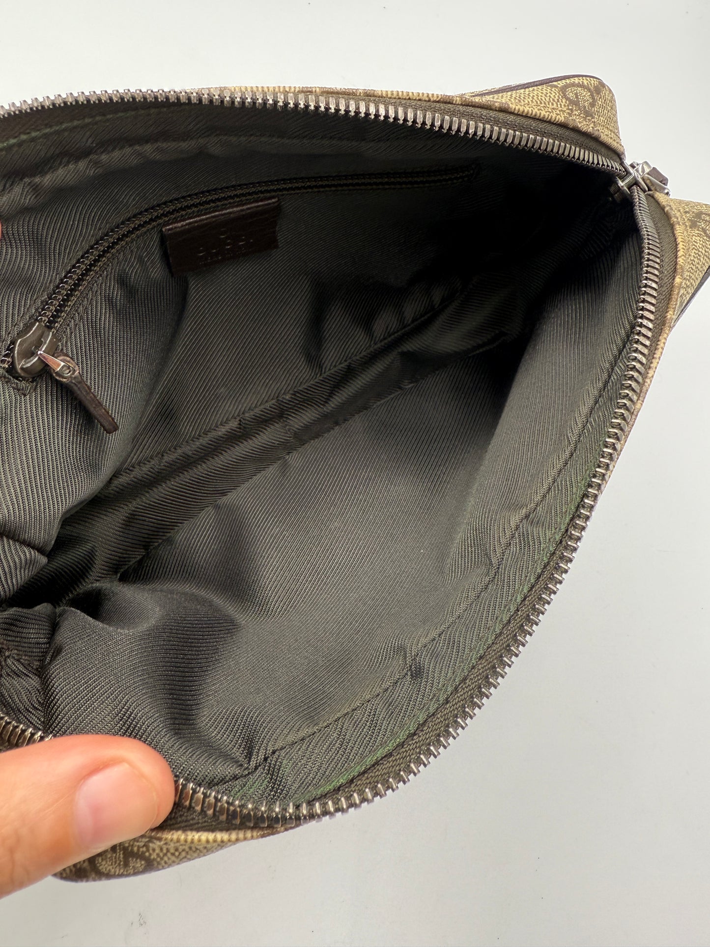 Vintage Gucci Supreme Canvas Unisex Wristlet with Brown Leather Accents