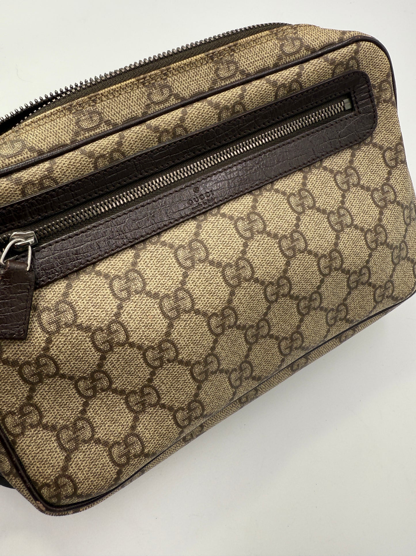 Vintage Gucci Supreme Canvas Unisex Wristlet with Brown Leather Accents