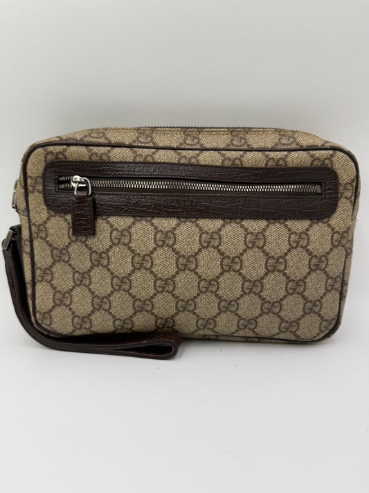 Vintage Gucci Supreme Canvas Unisex Wristlet with Brown Leather Accents