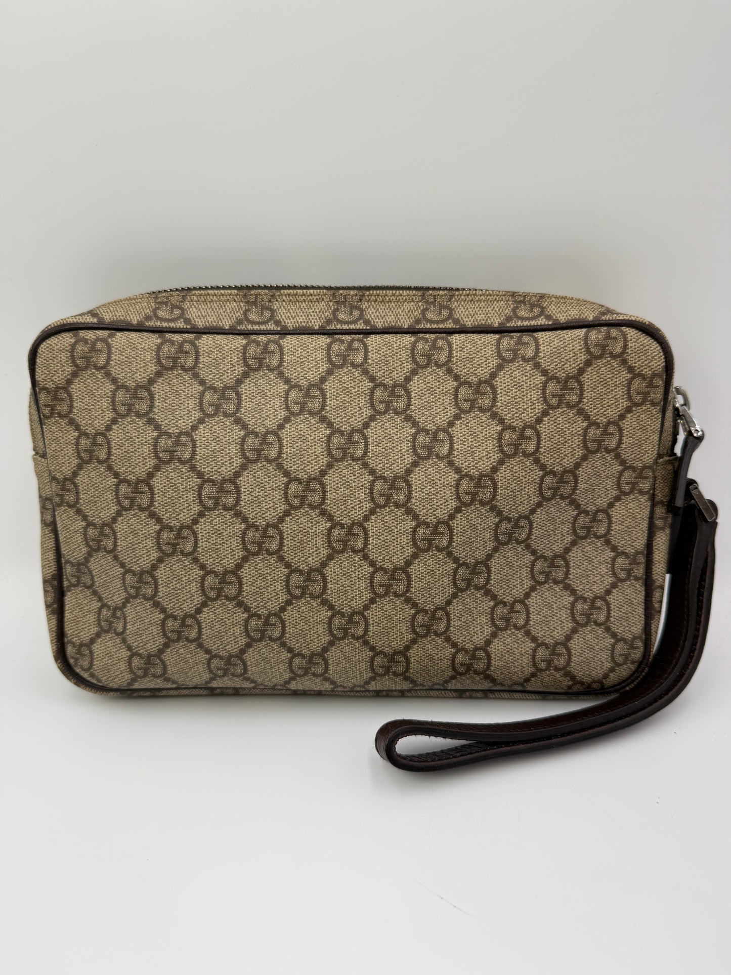 Vintage Gucci Supreme Canvas Unisex Wristlet with Brown Leather Accents