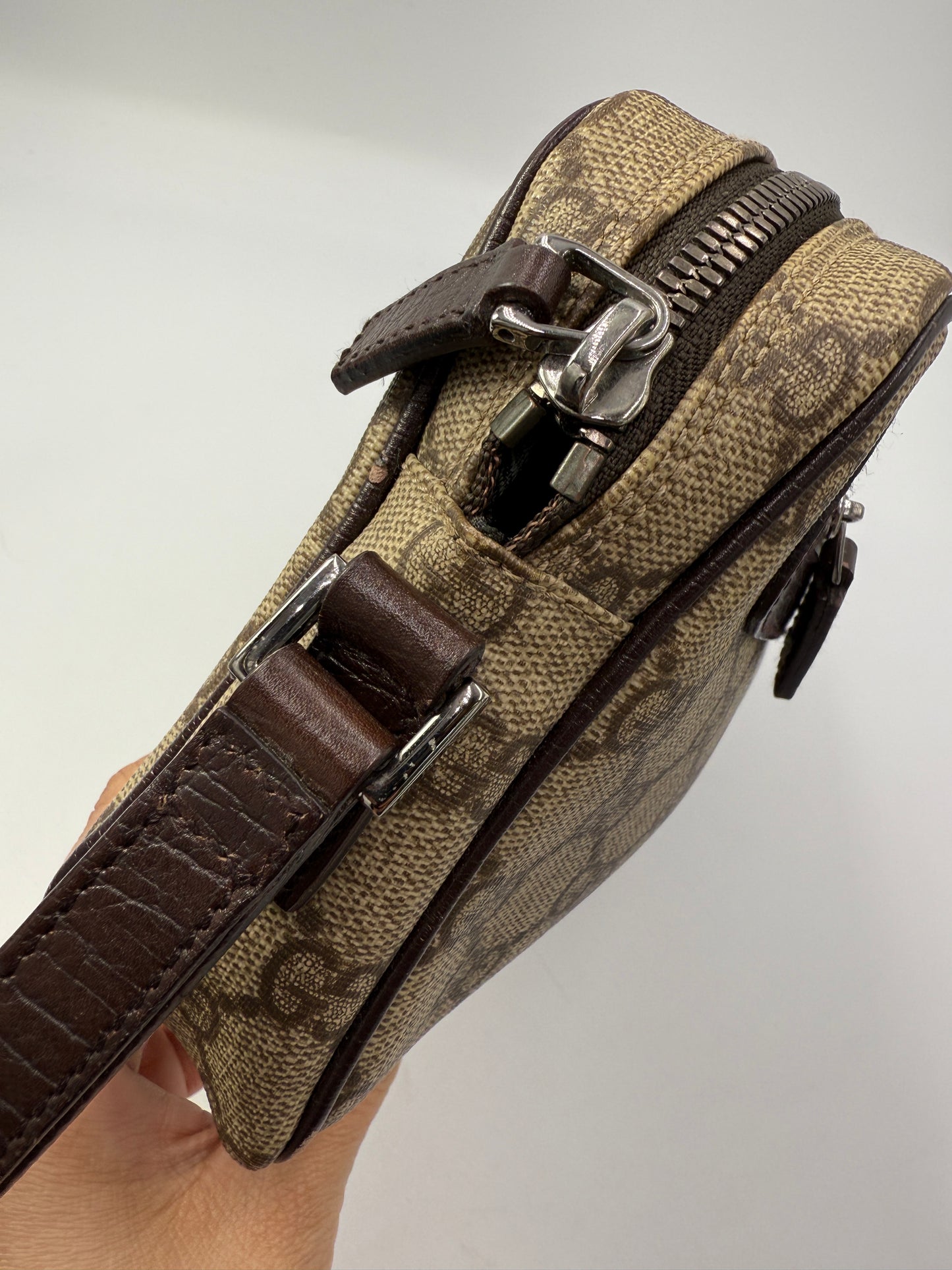 Vintage Gucci Supreme Canvas Unisex Wristlet with Brown Leather Accents