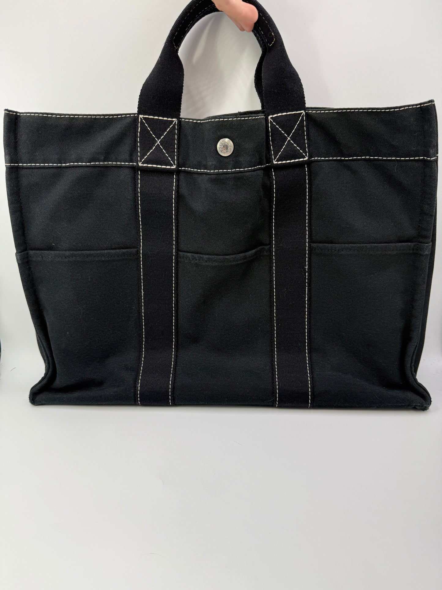 Hermes Large Black Canvas Shopper Tote Bag
