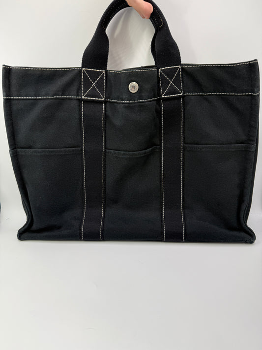 Hermes Large Black Canvas Shopper Tote Bag