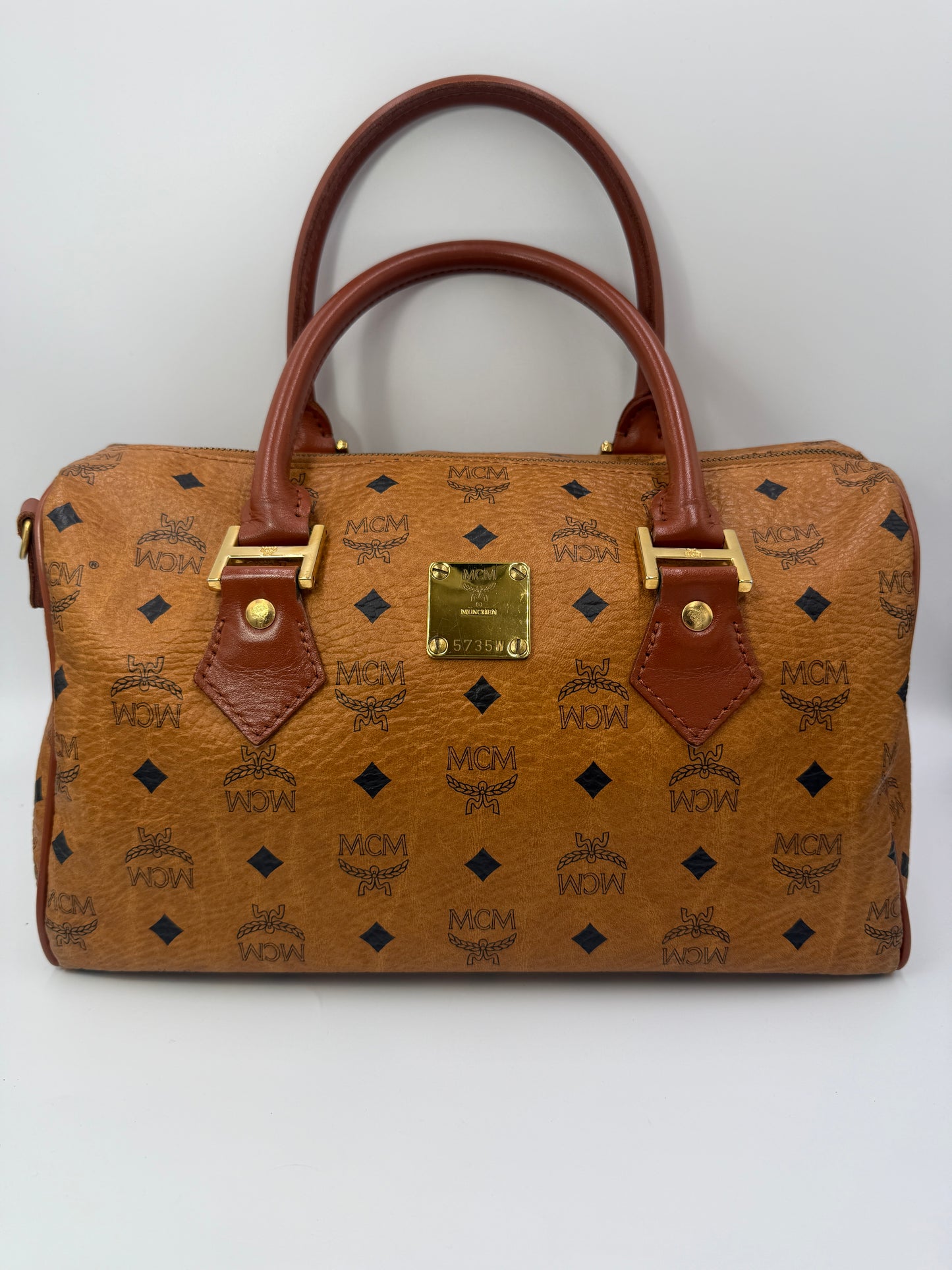 MCM Cognac Visetos Coated Canvas Boston Bag 32 cm