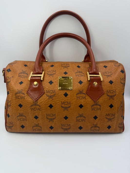 MCM Cognac Visetos Coated Canvas Boston Bag 32 cm