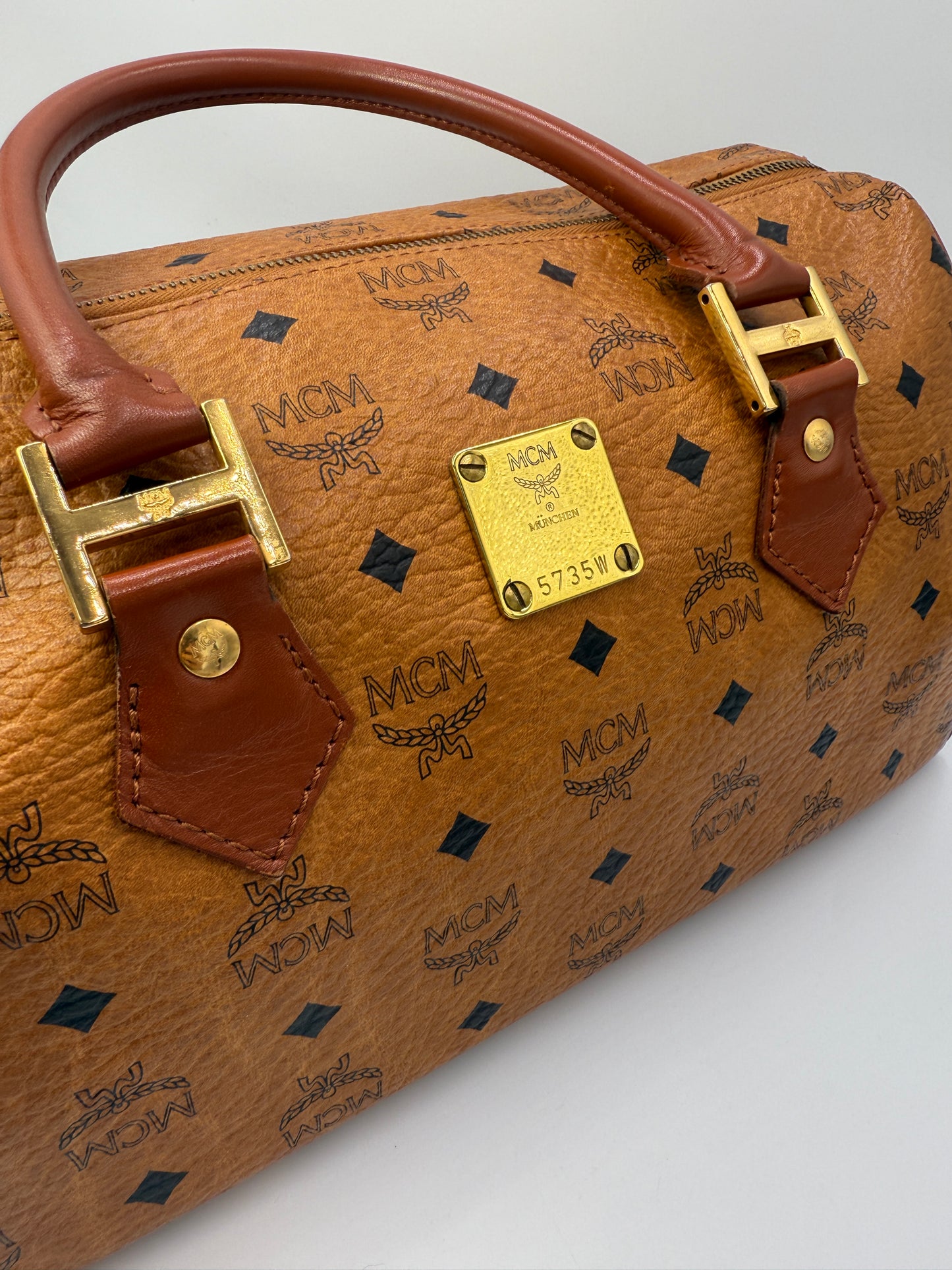 MCM Cognac Visetos Coated Canvas Boston Bag 32 cm