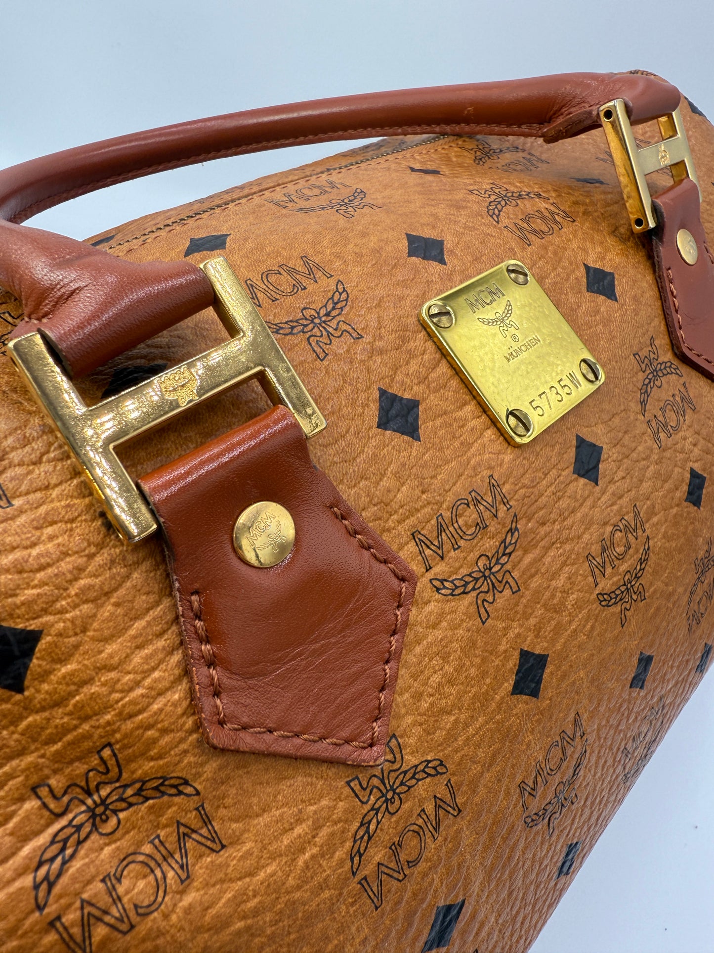 MCM Cognac Visetos Coated Canvas Boston Bag 32 cm