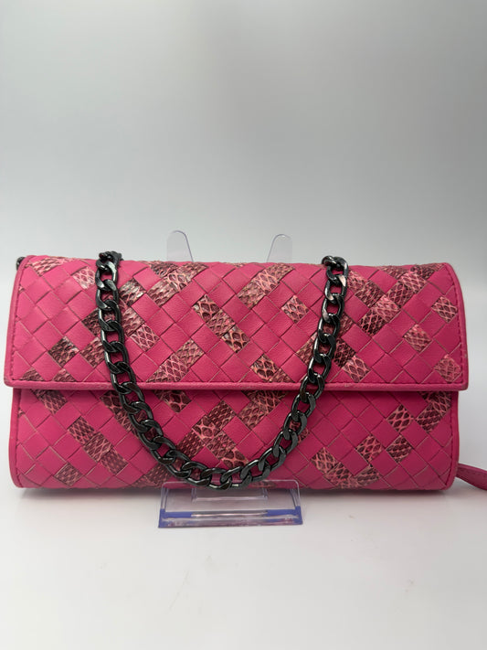 Bottega Veneta Pink Intrecciato Leather Continental Wallet Embossed Snake Skin