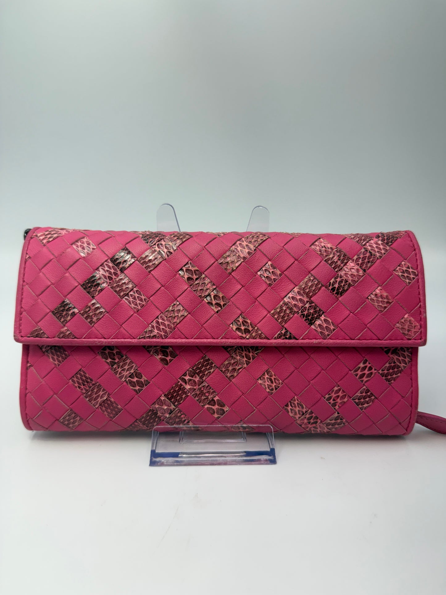 Bottega Veneta Pink Intrecciato Leather Continental Wallet Embossed Snake Skin