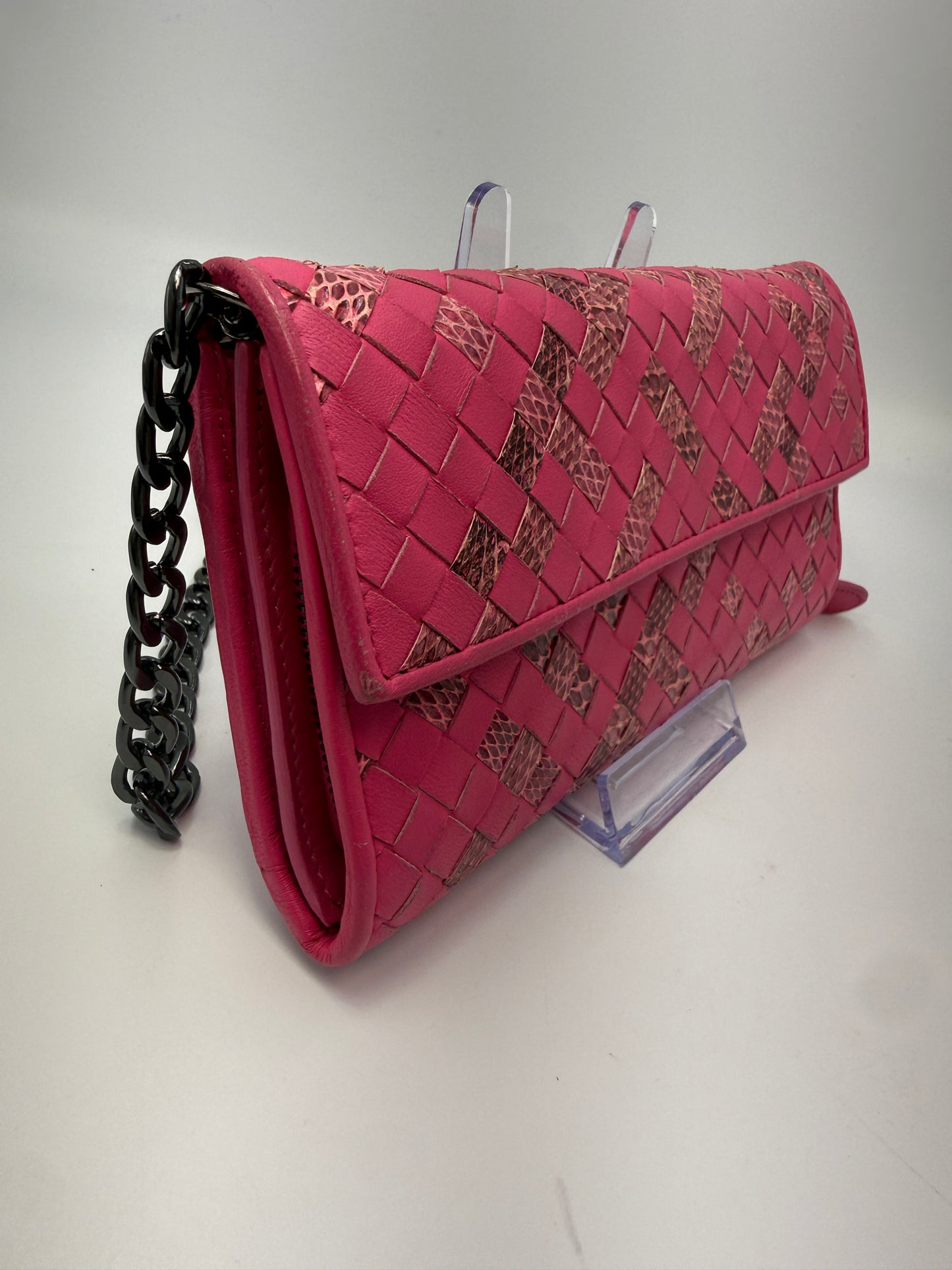 Bottega Veneta Pink Intrecciato Leather Continental Wallet Embossed Snake Skin