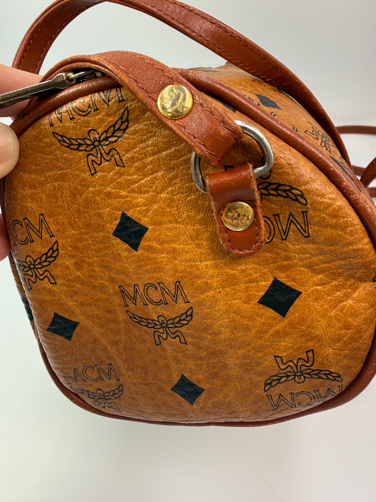 MCM Cognac Visetos Coated Canvas Barrel Crossbody