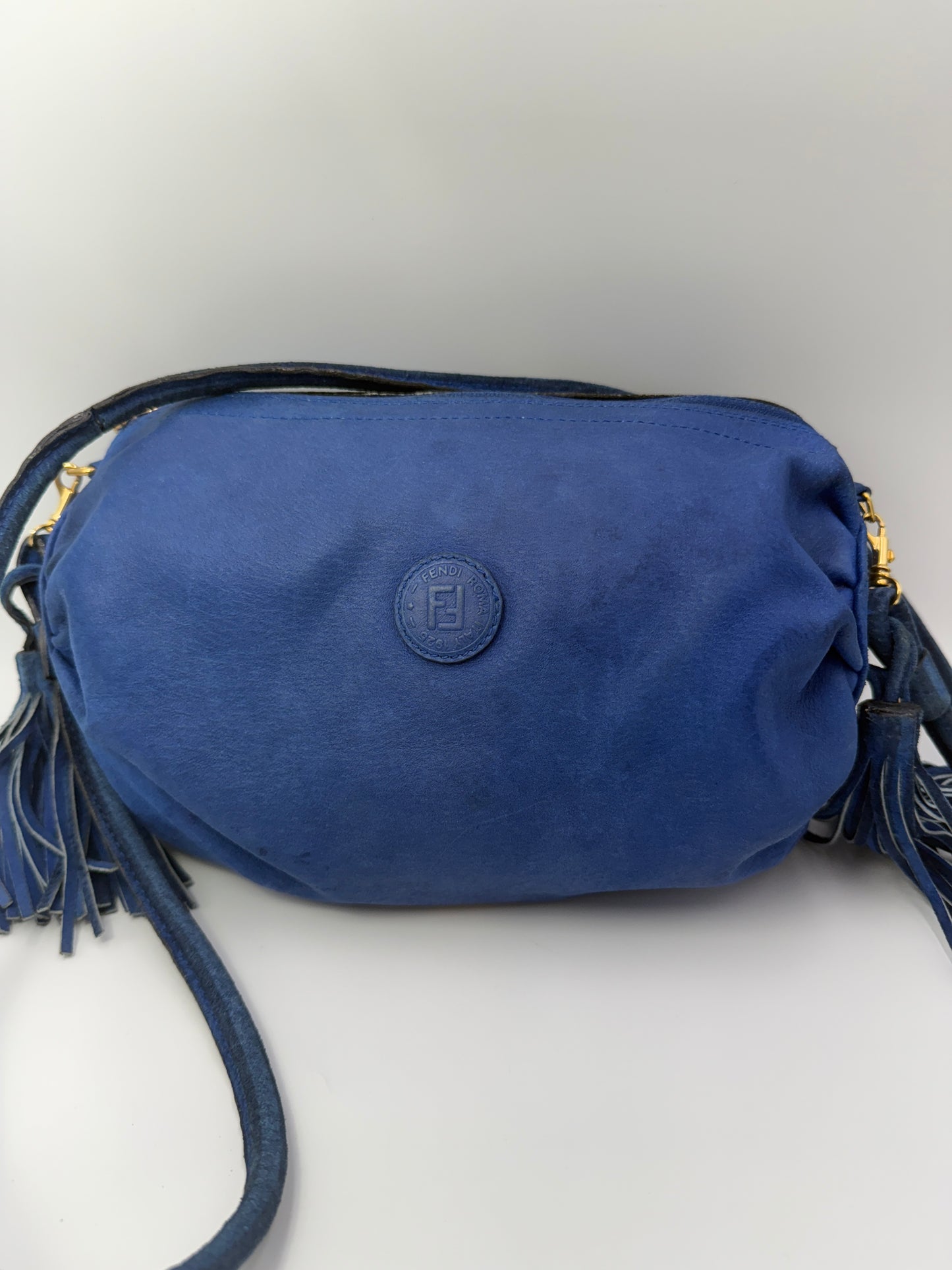 Fendi Reversible Striped Blue Suede Leather Crossbody Bag