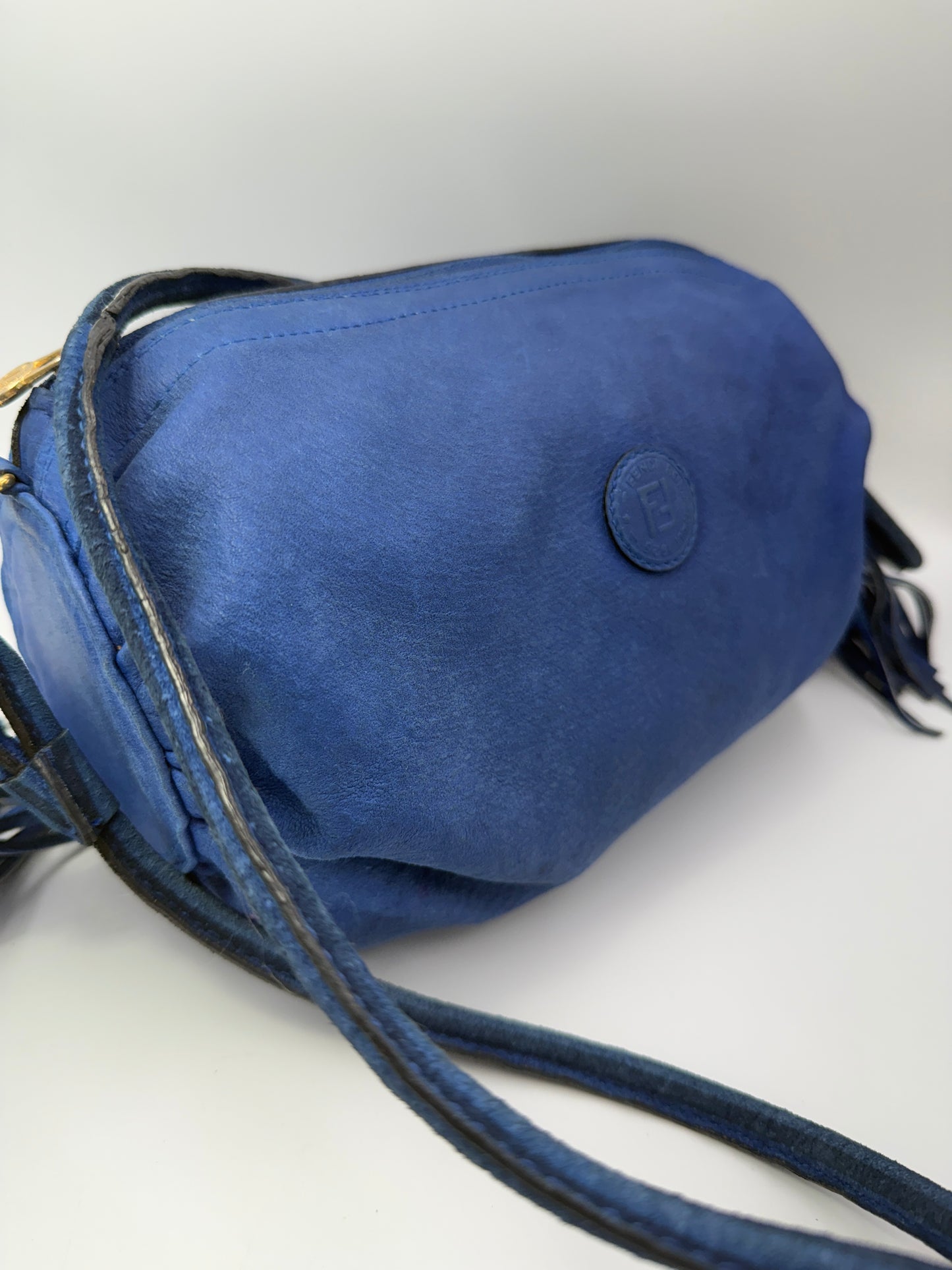 Fendi Reversible Striped Blue Suede Leather Crossbody Bag