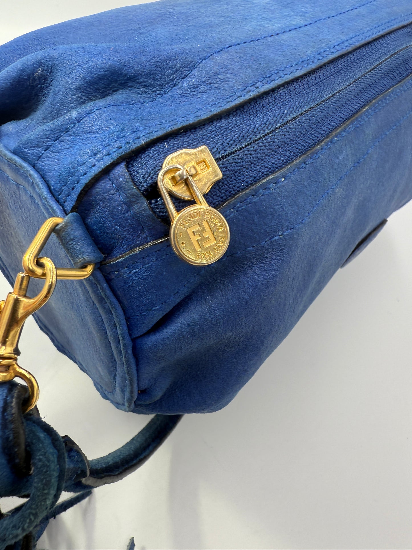 Fendi Reversible Striped Blue Suede Leather Crossbody Bag