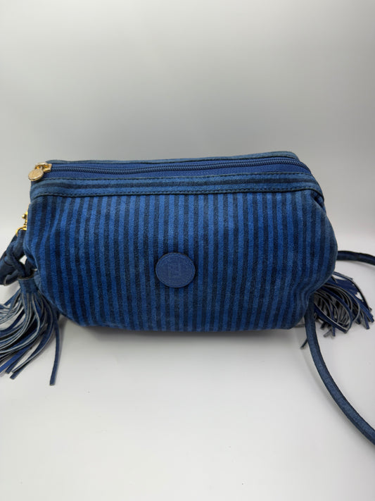 Fendi Reversible Striped Blue Suede Leather Crossbody Bag