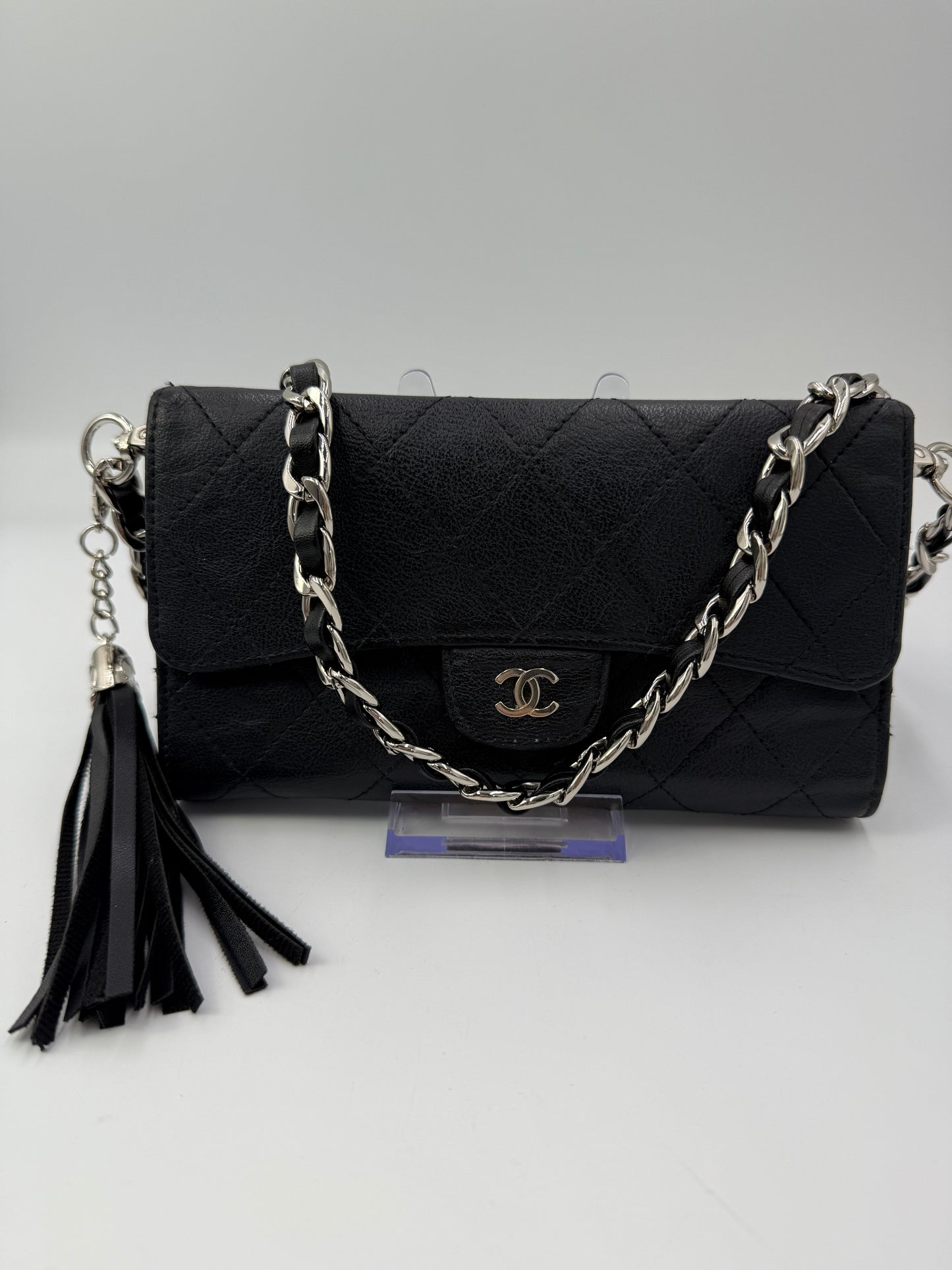 Chanel Black Calfskin Flap Wallet on Chain with Serial