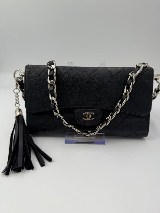 Chanel Black Calfskin Flap Wallet on Chain with Serial
