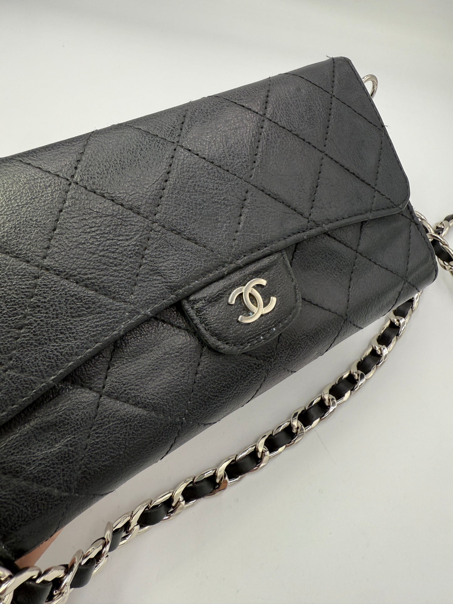 Chanel Black Calfskin Flap Wallet on Chain with Serial